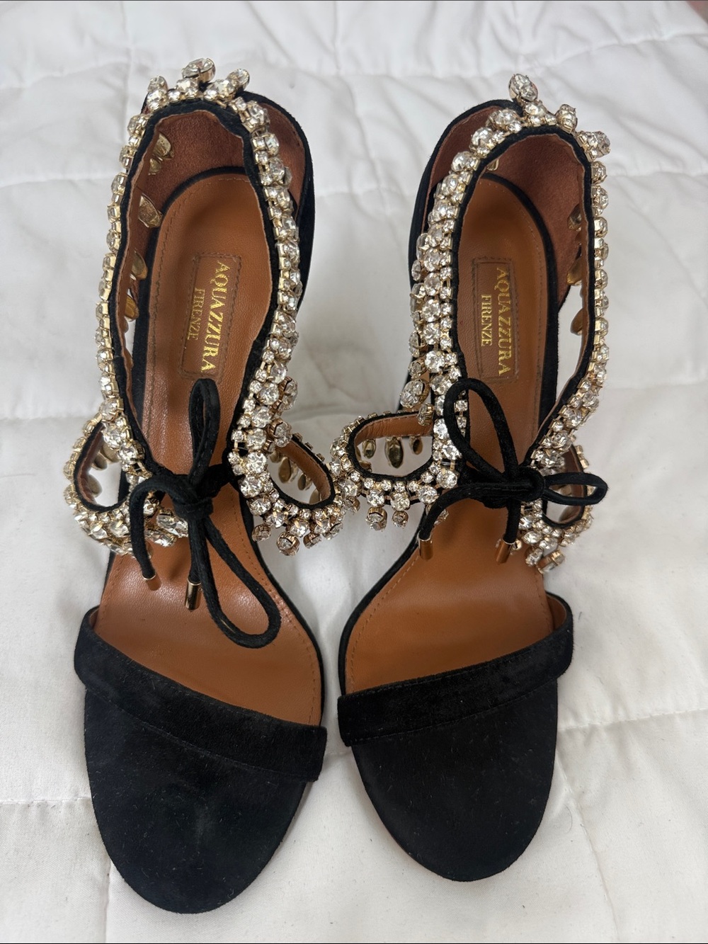 Aquazzura Black Crystal-Embellished Suede Ankle-Tie Heels